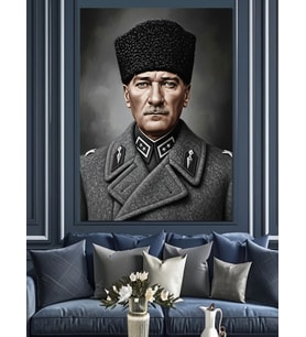 Atatürk Kalpaklı Askeri Portre Dekoratif Kanvas - Mdf Ahşap Tablo