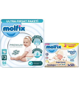 Molfix Premium Bebek Bezi Beden:3 (4-9KG) Midi 94 Adet Ultra Fırsat Pk + 3 Adet Islak Mendil
