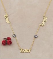 Kadın Gümüş Kolye - 3 Lü İsim Ve Göz Boncuk Yada İstediğiniz Farklı Figür 925 Ayar Gold Renk Kolye (Sarı)