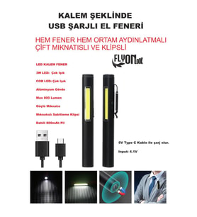 Kalem Şeklinde Şarj Edilebilir EL Feneri Güçlü Mıknatıslı Hem Ortam Aydınlatma Hem Fener Kamp Lamba