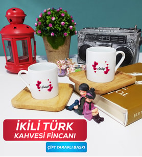 İkili İsme Özel Sevgililer Günü Hediyesi Türk Kahvesi Fincanı Ahşap Altlıklı