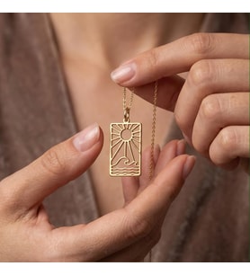Kişiye Özel 925 Ayar Gümüş Güneş ve Dalga Manzara Kolye (Gold)