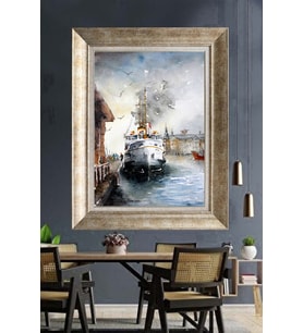 Tablore Sulu Boya İstanbul Liman Ve Vapur Çerçeveli Tablo Şehir Manzarası Modern Duvar Dekoru Salon Ve Ofis Tablosu
