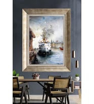 Tablore Sulu Boya İstanbul Liman Ve Vapur Çerçeveli Tablo Şehir Manzarası Modern Duvar Dekoru Salon Ve Ofis Tablosu