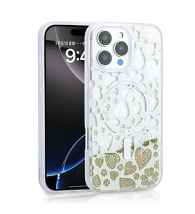 iPhone 16 Pro Kılıf Sıvılı Simli Baskılı Şeffaf Arka Yüzey Mossa Silikon Kılıf (Gold)
