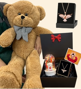 Zümdürü Anka Kuşu Kolyeli Fotoğraflı Premium Hediye Seti - Büyük Kahve Peluş Ayıcıklı (Model 2)