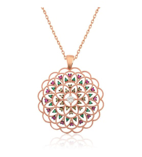 Gümüş Rose Geometrik Desenli Madalyon Kolye