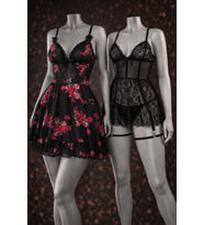 Siyah Tül Gül Desenli Babydoll Gecelik & Dantel Detaylı Jartiyer Set (Karışık)