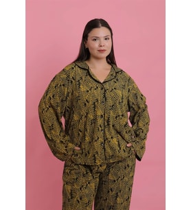 Kadın Büyük Beden Tropikal Yaprak Desenli Düğmeli Pijama Takımı