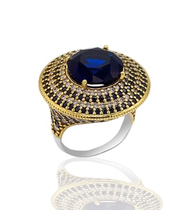 Safir Taşlı Zirkon Süsleme Otantik Gümüş Kadın Yüzük 201023757