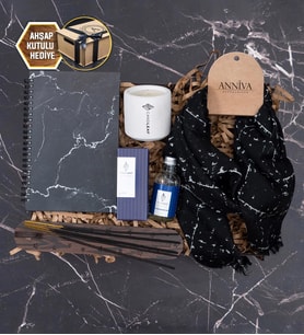 Mermer Desen Şal, Tütsü, Kolonya, Defter, Mum AHŞAP Hediye Kutusu 