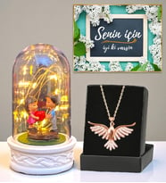 Led Işıklı Biblolu Fanus ve Gerçek Ametist Taşlı Anka Kuşu Kolye (Model 4)