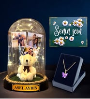Size Özel Hazırlanacak Hediye Seti, İsimli 3 Fotoğraflı Led Işıklı Fanus ve Kelebek Kolye (Model 10)