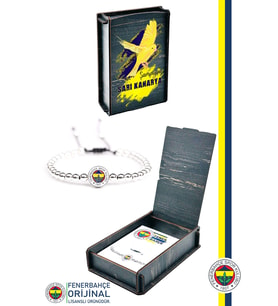 Fenerbahçe Orijinal Lisanslı Fb Logo İnce Hematit Doğaltaş Bileklik Kanarya Baskılı Hediy (Lacivert-Beyaz)