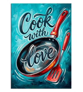 Cook With Love Tava Yazılı Mavi Poster Dekoratif Kanvas - Mdf Ahşap Tablo