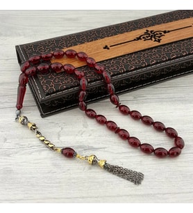 GÜMÜŞ PULLU PÜSKÜLLÜ ARPA KESİM ATEŞ KEHRİBAR TESBİH (Kırmızı)
