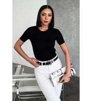Rahat Ve Şık Kısa Kollu Bisiklet Yaka Likralı Viskon Penye Body Siyah