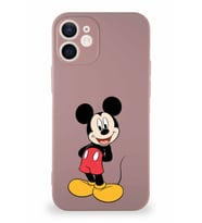 Apple iPhone 12 Soft Premier Kapak Mickey Mouse-B Tasarımlı Silikon Kılıf - Pudra (Şeffaf)
