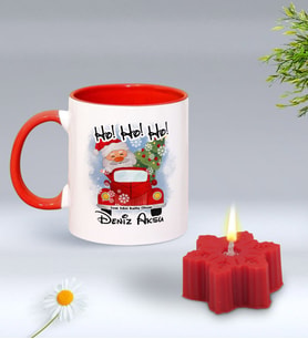 Yılbaşı Hediyesi BK Gift Kişiye Özel Yeni Yıl Tasarımlı Kırmızı Kupa Bardak ve Kırmızı Kar Tanesi Kokulu Mum Hediye Seti-2, Sevgiliye, Arkadaşa Hediye
