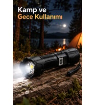 Type C Şarjlı Kamp Feneri Zoomlu Lens ve Batarya Seviye Göstergesi