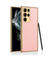 Lexroo Galaxy S23 Ultra Kılıf Deri Görünümlü Kenarları Elektroplating Kaplama Fizyon Kılıf - Pembe