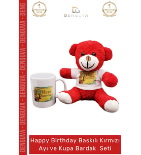 #AyıcıkSeti Happy Birthday Baskılı Tişörtlü Peluş Kırmızı Hediye Ayıcık Porselen Kupa Bardak Seti
