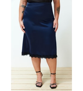 Moda Büyük Beden Regular Düz Desen Günlük Midi Boy Saten Midi Boy Dantelli Dokuma Etek