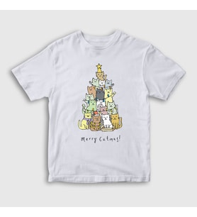 Presmono Unisex Çocuk Beyaz Merry Catmas Kediler Yılbaşı T-Shirt 270101tt (Beyaz)