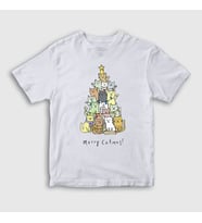Presmono Unisex Çocuk Beyaz Merry Catmas Kediler Yılbaşı T-Shirt 270101tt (Beyaz)