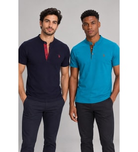 Dewberry Erkek Pamuklu Tişört 2'li Set Koyu Turkuaz-Lacivert T8560 Günlük Giyim, T-Shirt, Hafta Sonu Kombini