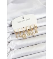 316L Çelik Gold Renk Zirkon Taşlı Charm Detaylı Kadın Küpe Seti TJ-BKP11878