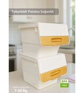 2’li Beyaz-Gold Tekerlekli Patateslik Soğanlık Oyuncak Kutusu Patates Soğan Sepeti 24 Lt