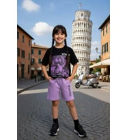 Kız Çocuk Üzeri Yazı ve Wednesday Karakter Baskılı T-Shirt Lila Şortlu Takım