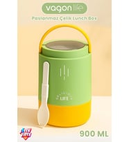 900 ML Sızdırmaz 3 Kaseli Paslanmaz Çelik Kaşıklı Bento Lunch Box Yeni Nesil Sefer Tası -FFLBO1266 (Yeşil)