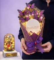Led Işıklı Aynalı Mor Kelebek Buketi (Kişiye Özel Led Işıklı Fanus Hediyeli) (Model 8)