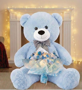 LED Işıklı Mavi-Beyaz Kelebek Buketi – 25 Kelebekli & 90 cm Büyük Peluş Ayı  Sevgiliye Hediye