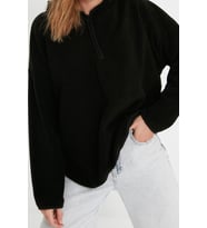 Tarz Bol Kapüşonlu Düşük Kol Uzun Kalın Polar ve Fermuarlı Geniş Kalıp Örme Sweatshirt