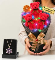 Doğum Günü Hediyesi Kişiye Özel Renkli Led Işıklı Peluş Ayıcık Buketi (Fuşya) ve Gerçek Ametist Taşlı Lotus Kolye