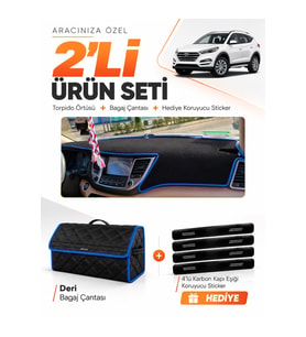 HYUNDAİ TUCSON (2016-2018) Uyumlu Torpido Örtüsü + Deri Bagaj Çantası + Sticker Seti - Siyah Mavi
