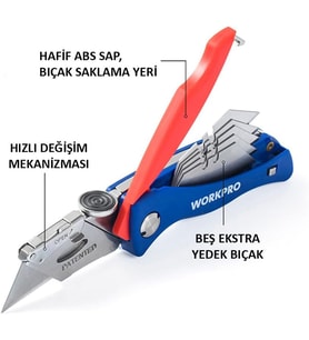 WP211006 Ağır Hizmet Paslanmaz Çelik Gövde Katlanır Rötuş Maket Bıçağı + 6 Adet Yedek Bıçak