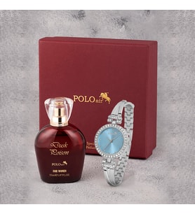 Polo Air Vintage Kadın Kol Saati Parfüm Bordo Hediyelik Kutsunda Set Gümüş Mavi Renk ST-2171S5 (Mavi-Gümüş)