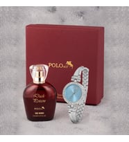 Polo Air Vintage Kadın Kol Saati Parfüm Bordo Hediyelik Kutsunda Set Gümüş Mavi Renk ST-2171S5 (Mavi-Gümüş)