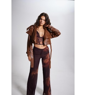 Crop Model Astarlı Kemerli Neeko Deri Ceket Kahverengi