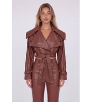 Crop Model Astarlı Kemerli Neeko Deri Ceket Kahverengi