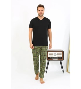 pilelistore- Erkek Ekoseli Desen Penye Tek Alt Pijama Haki
