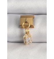 316L Çelik Gold Renk Sallantı Zirkon Taşlı Kare Model Nomination Charm 5886 - HPSBYI9043-4902