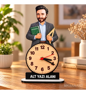 Kişiye Özel Erkek Öğretmen Karikatürlü 18 cm MDF Dikey Masa Saati - Öğretmen Hediyesi Öğretmenler Günü Hediyesi Matematik,