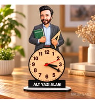 Kişiye Özel Erkek Öğretmen Karikatürlü 18 cm MDF Dikey Masa Saati - Öğretmen Hediyesi Öğretmenler Günü Hediyesi Matematik,