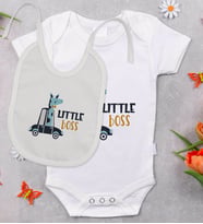 BK Kids Little Boss Tasarımlı Bebek Body Zıbın ve Mama Önlüğü Hediye Seti - Model 1
