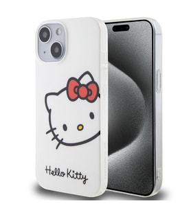 Apple iPhone 15 Uyumlu Kılıf Hello Kitty Orjinal Lisanslı Yazı ve İkonik Logolu Kitty Head Kapak (Beyaz)